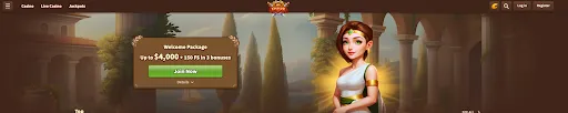 MyEmpire homepage banner showing Welcome Package up to $4,000 + 150 FS in 3 bonuses with a female character in an ancient temple setting