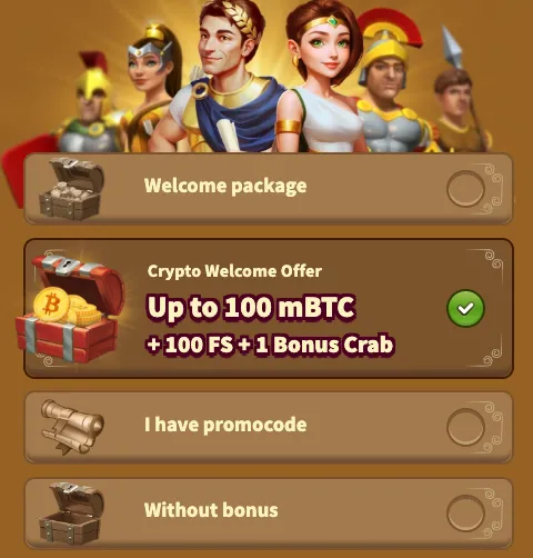 MyEmpire Crypto Welcome Offer selected showing chest icon and checkmark over Roman heroes backdrop MyEmpire bonus selection interface with Crypto Welcome Offer highlighted, showing a treasure chest icon, offer text and Roman warrior characters in the background