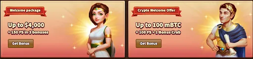 MyEmpire promotion banners showing Welcome Package up to $4,000 + 150 FS in 3 bonuses with goddess character and Crypto Welcome Offer up to 100 mBTC + 100 FS + 1 Bonus Crab with emperor character