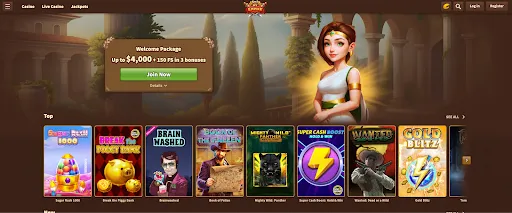 MyEmpire welcome promotion banner with bonus details and game carousel MyEmpire homepage banner displaying welcome package up to $4,000 plus 150 free spins in three bonuses with a 'Join Now' button and featured game thumbnails