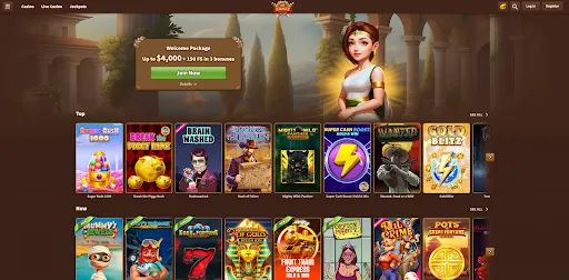 MyEmpire homepage with Welcome Package offer and game selection carousel MyEmpire homepage showcasing Welcome Package banner above a carousel of top casino games