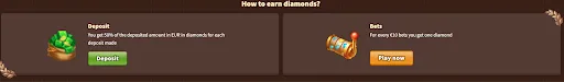 MyEmpire ‘How to earn diamonds’ section illustrating Deposit and Bets methods with corresponding icons