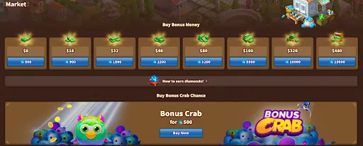 MyEmpire market interface showing purchasable bonus money bundles ranging from $8 to $480 and a Bonus Crab chance offer
