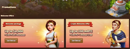 MyEmpire welcome package promotion banner MyEmpire welcome package banner showing up to $4,000 plus 150 free spins in three bonuses with Get Bonus button