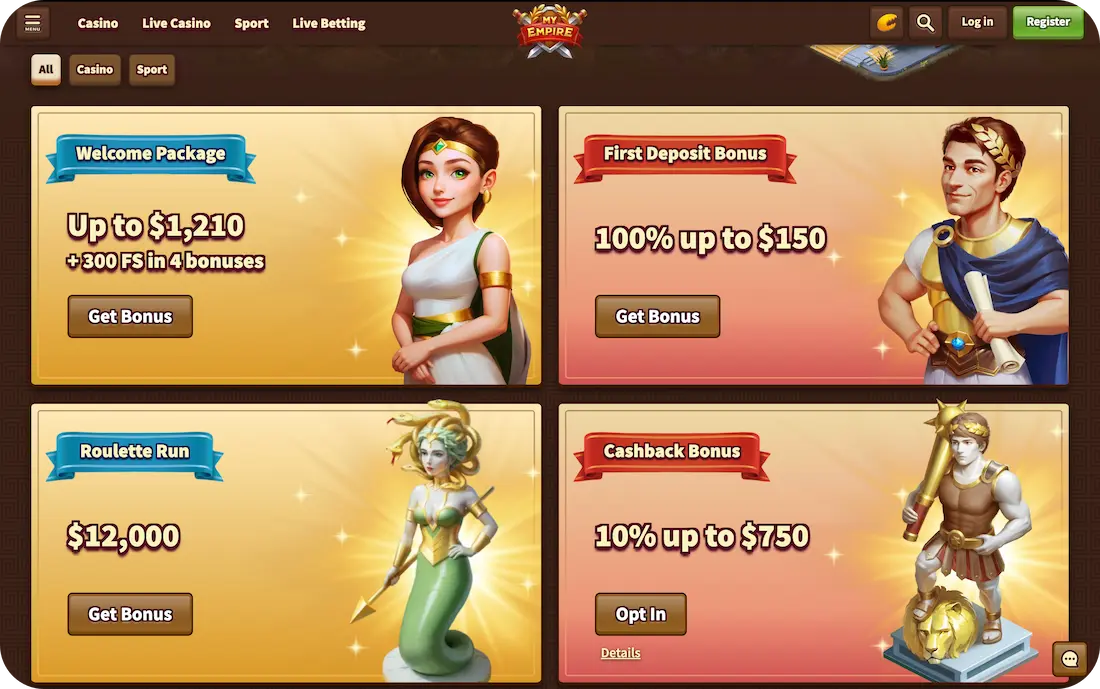 my empire casino bonuses