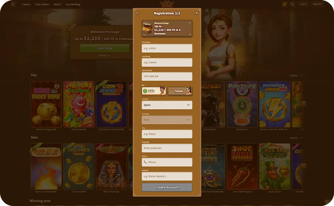 my empire casino registration