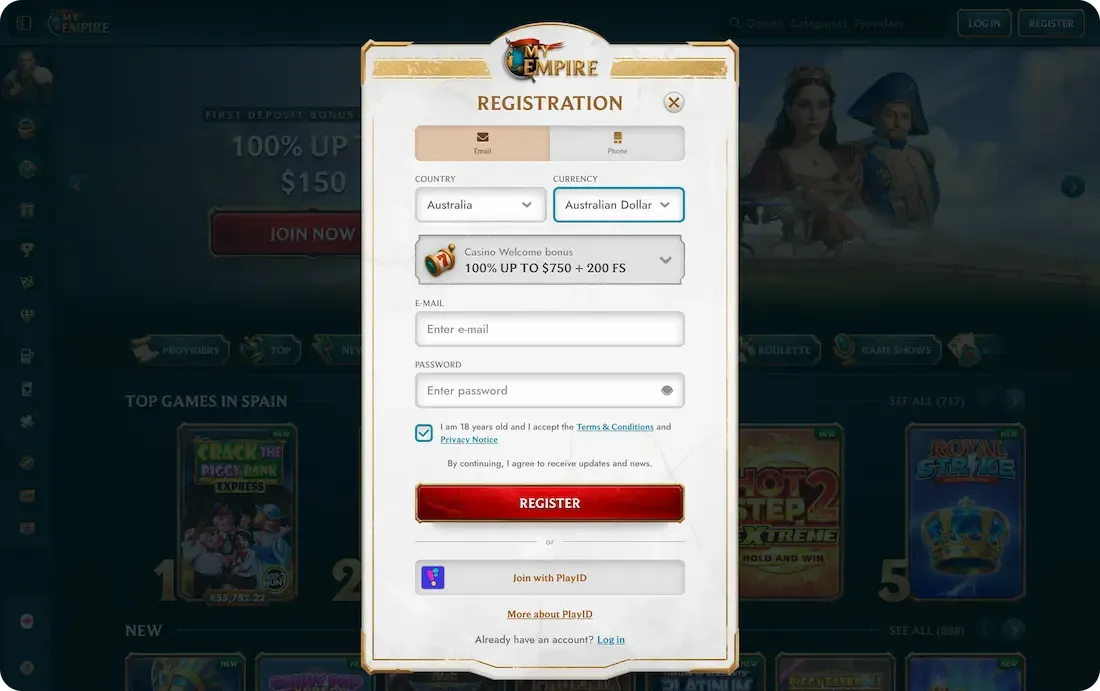myempire casino registration